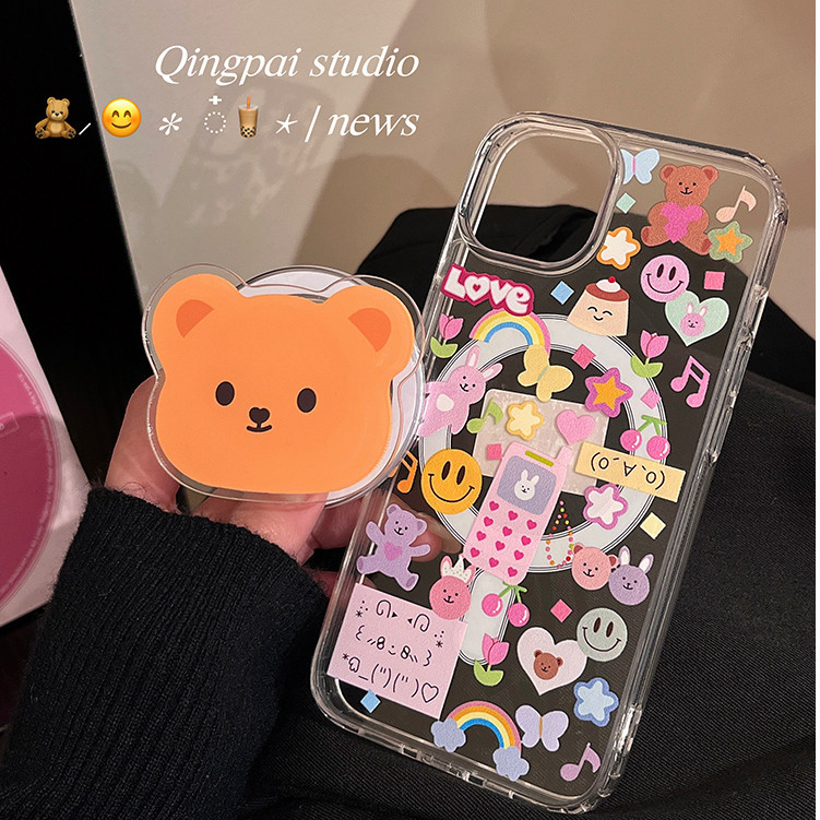 Huiwanju เคสโทรศัพท์มือถือแบบแข็ง ลายกราฟฟิตี้หมีน่ารัก พร้อมขาตั้งแม่เหล็ก สร้างสรรค์ สไตล์เกาหลี ญี่ปุ่น สําหรับ iPhone 15 Promax 13 14 Pro 12 11