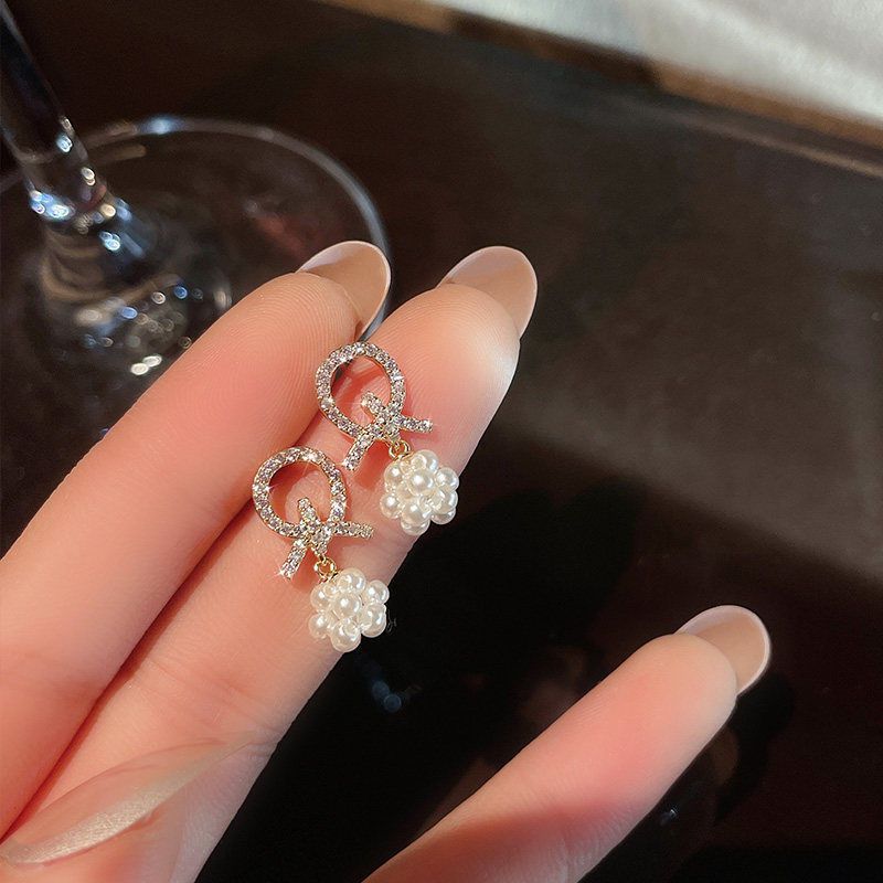 ต่างหูเข็มเงิน S925 ประดับมุก รูปโบว์ แบบเรียบง่าย สไตล์เกาหลี