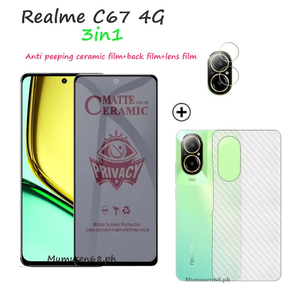 (3in1) ฟิล์มเซรามิคกันรอยหน้าจอ และเลนส์กล้อง และฟิล์มด้านหลัง สําหรับ Realme C67 4G Realme C67 5G