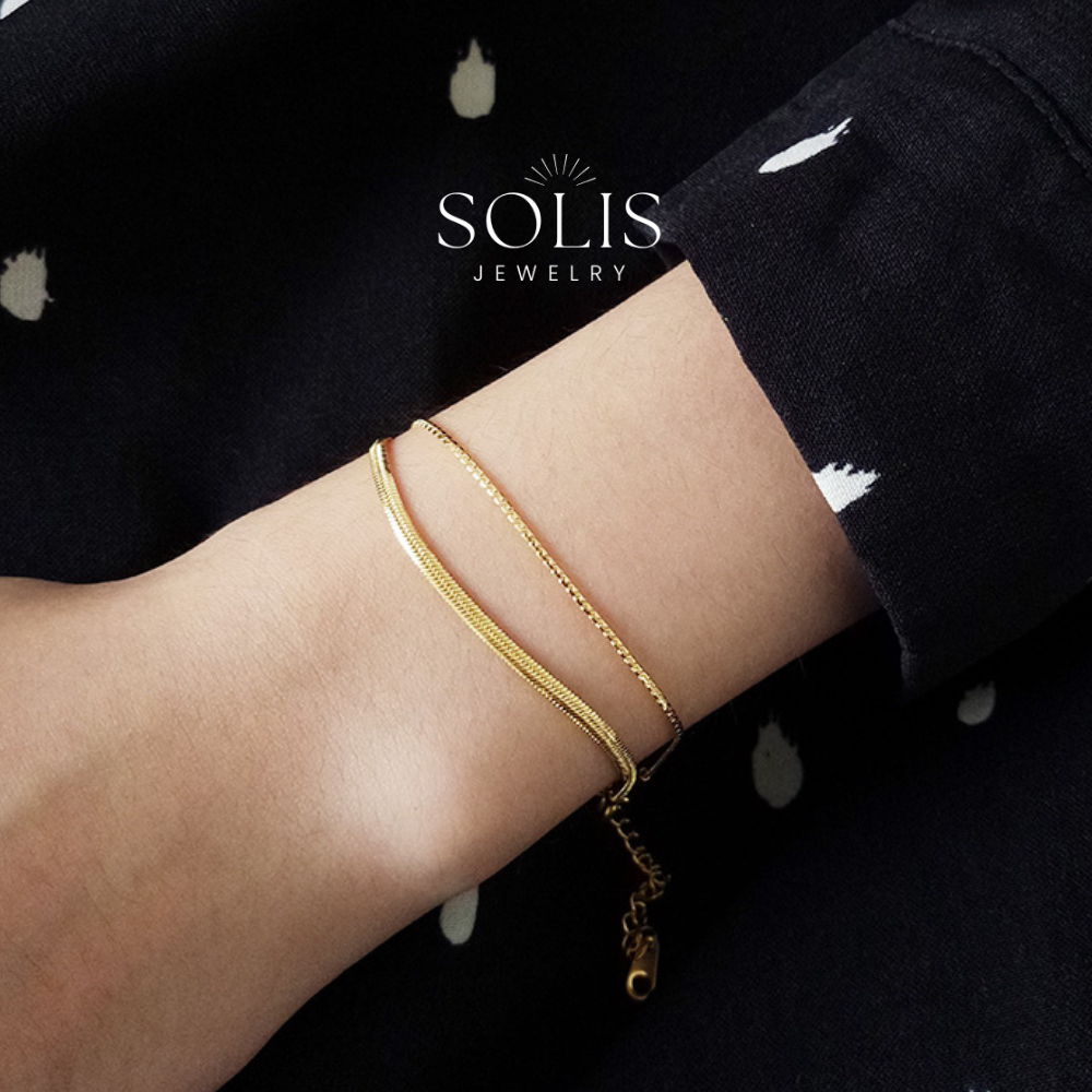 *เครื่องประดับกันน้ำ*2 ชั้น ลูกปัด กระดูกงู สร้อยข้อมือทอง *ชุบทอง 18K แท้ สแตนเลสไทเทเนียม 316L * สร้อยข้อมือคู่ ผู้ชาย ผู้หญิง เรียบง่าย สร้อยข้อมือแฟชั่น BR402