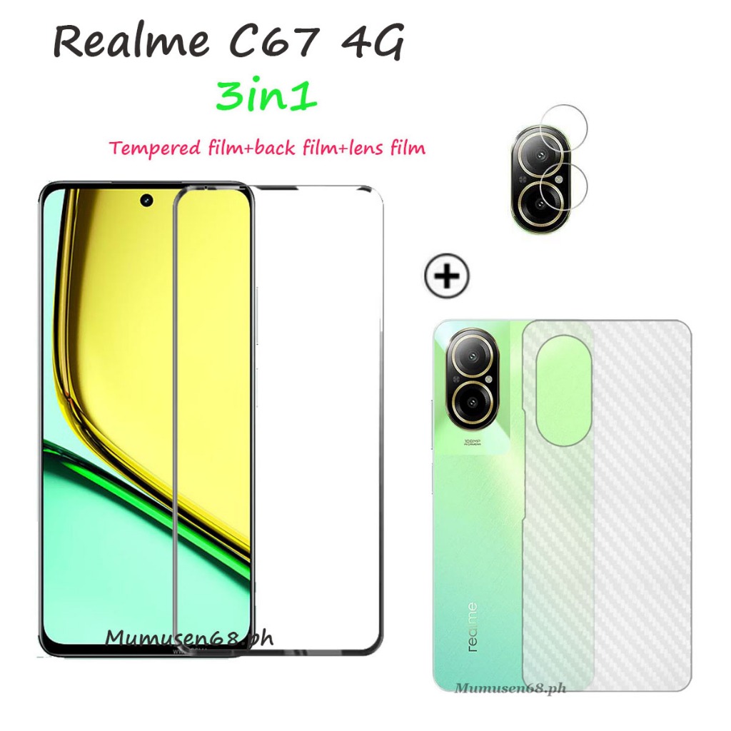 (3 In 1) ฟิล์มกระจกนิรภัยกันรอยหน้าจอ และฟิล์มกันรอยเลนส์กล้อง และฟิล์มด้านหลัง สําหรับ Realme C67 4