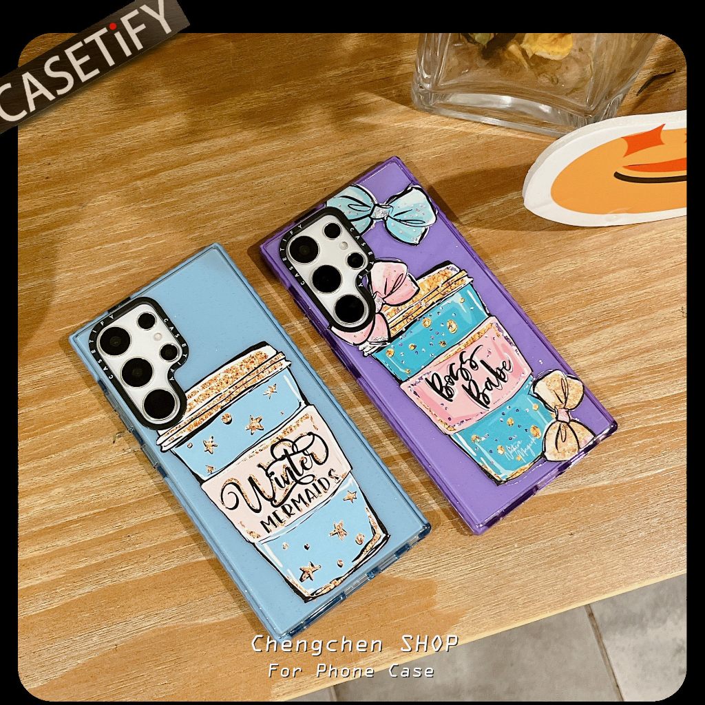 เคสโทรศัพท์มือถือ ลายถ้วยกาแฟ ประดับโบว์ สําหรับ Samsung Galaxy S24 Ultra S24 Plus S23 Ultra S23 Plus S22 Ultra