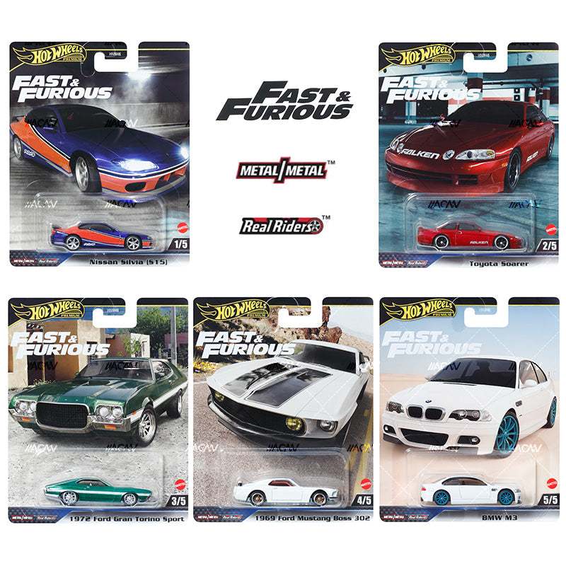 Hot Wheels Fast &amp; Furious Premium 2024 (Nissan Silvia S15, Toyota Soarer, 1972 Ford Gran Torina Sport, 1969 Ford Mustang Boss 302, BMW M3 (E46)) โมเดลรถยนต์เหล็ก