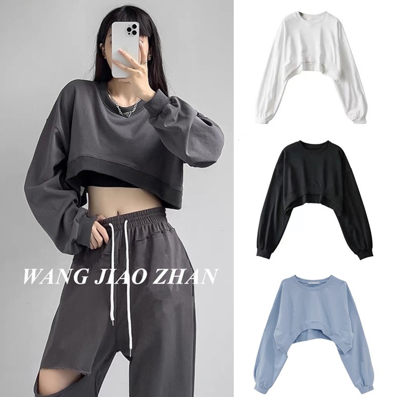 【WJZ】 4สี*เสื้อครอปแขนยาวทรงหลวมสไตล์เกาหลี，เสื้อกันหนาวผ้าฝ้ายนุ่ม【6848】