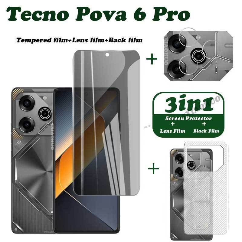 Tecno Pova 6 Pro กระจกนิรภัย Tecno Pova 6 Neo ป้องกันหน้าจอคลุมทั้งหมดหน้าจอ Matte Privacy Glass 3In1 คาร์บอนไฟเบอร์ฟิล์มด้านหลัง