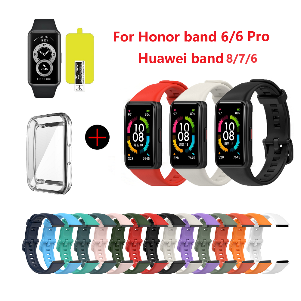 สายซิลิโคน สําหรับ Huawei Band 9 8 7 Honor Band 7/6/6pro สายรัดข้อมือ กีฬา นุ่ม กันน้ํา แฟชั่น + เคส