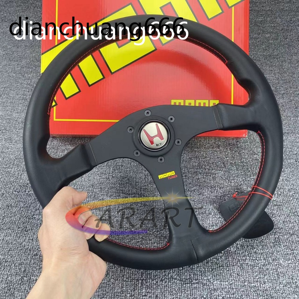 Momo จูนเนอร์ หนังวัวแท้ สีดํา สําหรับ Honda H logo button 14 นิ้ว 350 มม.