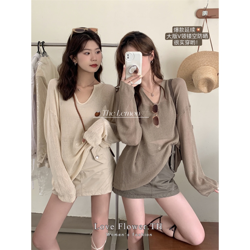 love flower เสื้อกันหนาว กันแดด ทรงหลวม แบบบาง แต่งรูกลวง สําหรับเด็กผู้หญิง