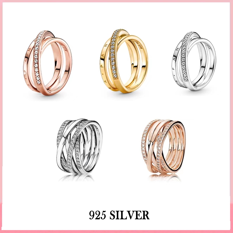 PAN เงิน925 14k แหวนเพชร แหวนแฟชั่น Pavé Interlacing Three-Ring เครื่องประดับแฟชั่น ของแท้ 100%