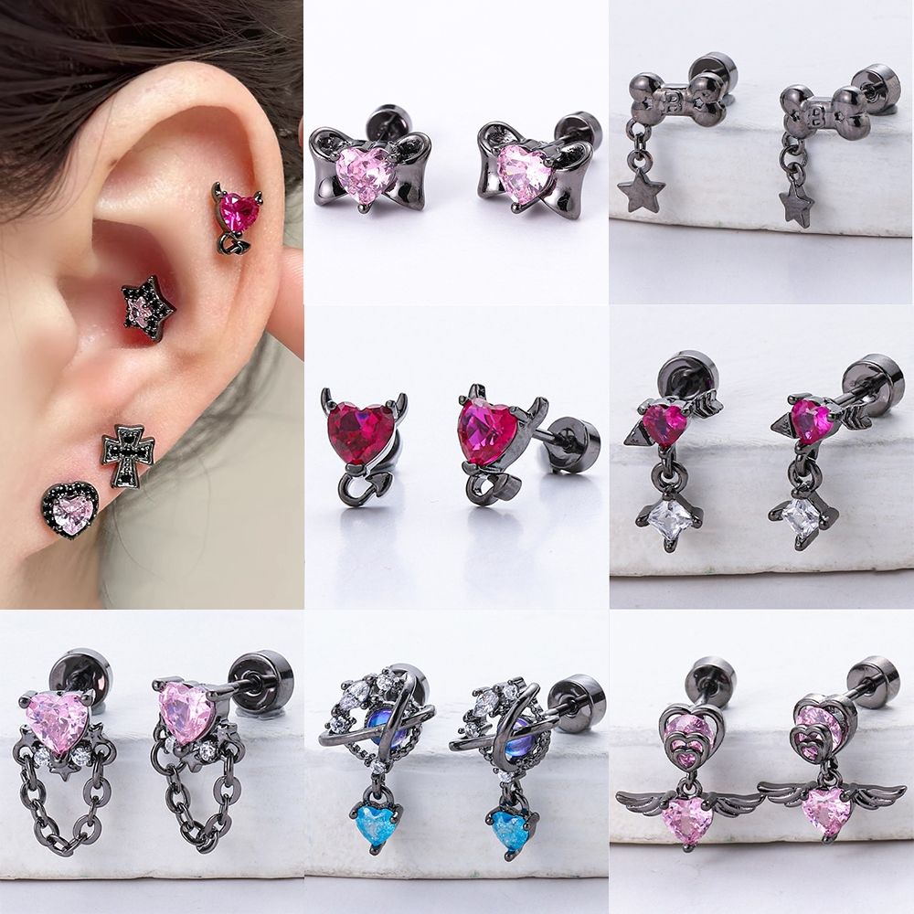 1 PC สแตนเลสสีดําต่างหูกระดูกอ่อน Punk Rock Cross Stud ต่างหู Heart Star คริสตัลหู Stud Helix Conch เจาะ
