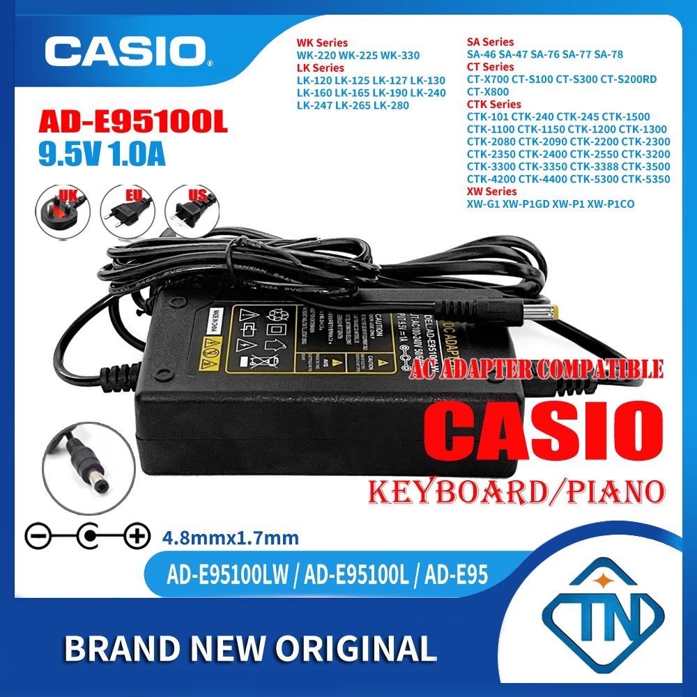 9.5V 1A AD-E95100L AD-E95100LW อะแดปเตอร์ AC/DC สําหรับ Casio SA-51 XW-G1 XW-P1GD XW-P1 XW-P1CO LK-311 คีย์บอร์ดเปียโนอิเล็กทรอนิกส์แหล่งจ่ายไฟ