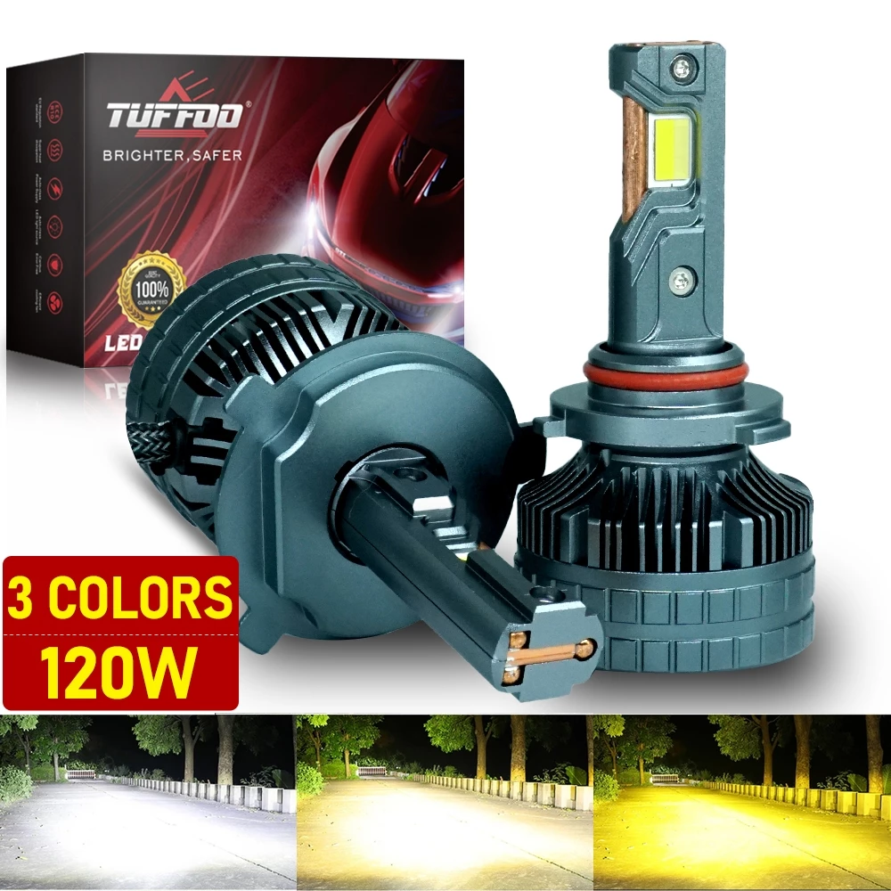 Tuffoo หลอดไฟหน้ารถยนต์ LED 120W 28000LM H4 H7 H11 HB3 9005 H1 HB4 9006 HIR2 9012 Hi Lo Beam 6000K 3000K 4300K DC12V 24V (T63) 3 สี 2 ชิ้น