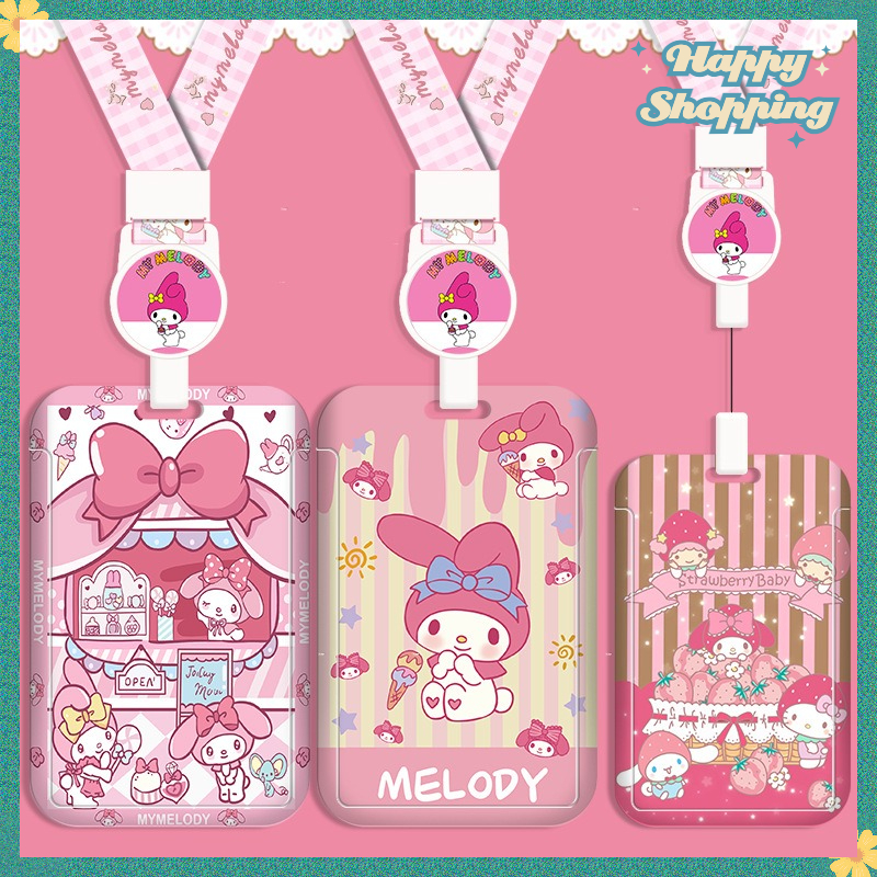 Sanrio Melody Hard Shell Multifunctional Retractable Long Rope Card Holder Easy Pull Buckle EasyCard Card Holder Anti-Lost Protective Case Bag Charm Bus MRT ABS ID Holder