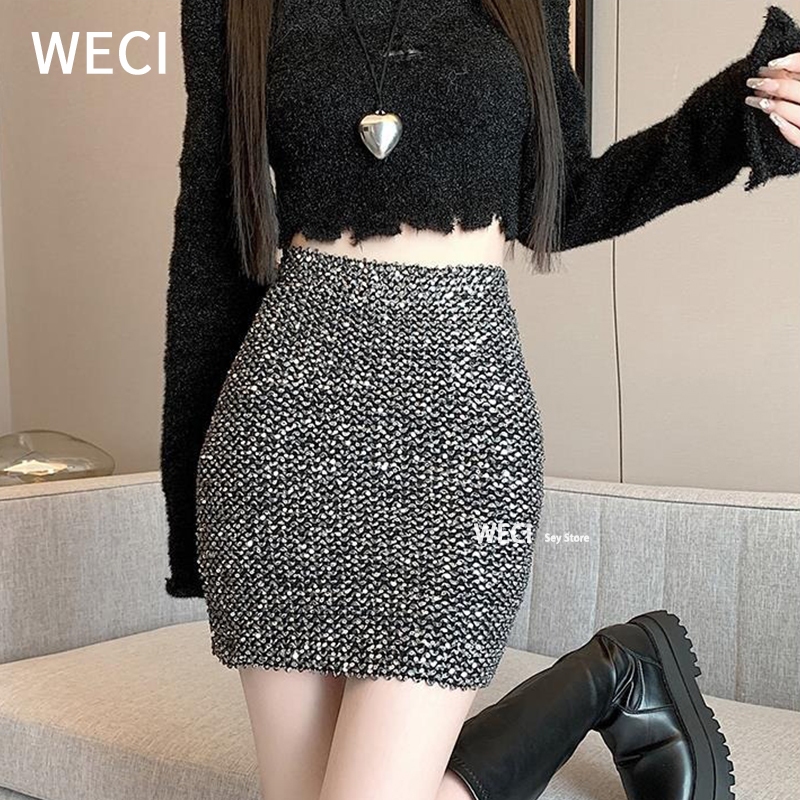 Weci กระโปรงสั้น เอวสูง ทรงเอ ปักเลื่อม แบบยืดหยุ่น แฟชั่นฤดูใบไม้ผลิ ฤดูร้อน สําหรับผู้หญิง