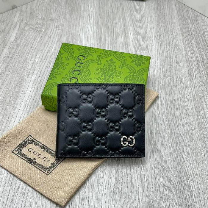 【 พร้อมกล่องสีเขียว 】 Gucci's กระเป๋าสตางค์หนัง ใบสั้น สีดํา สําหรับผู้ชาย 365466 กระเป๋าสตางค์ GG หนังแท้ ของแท้