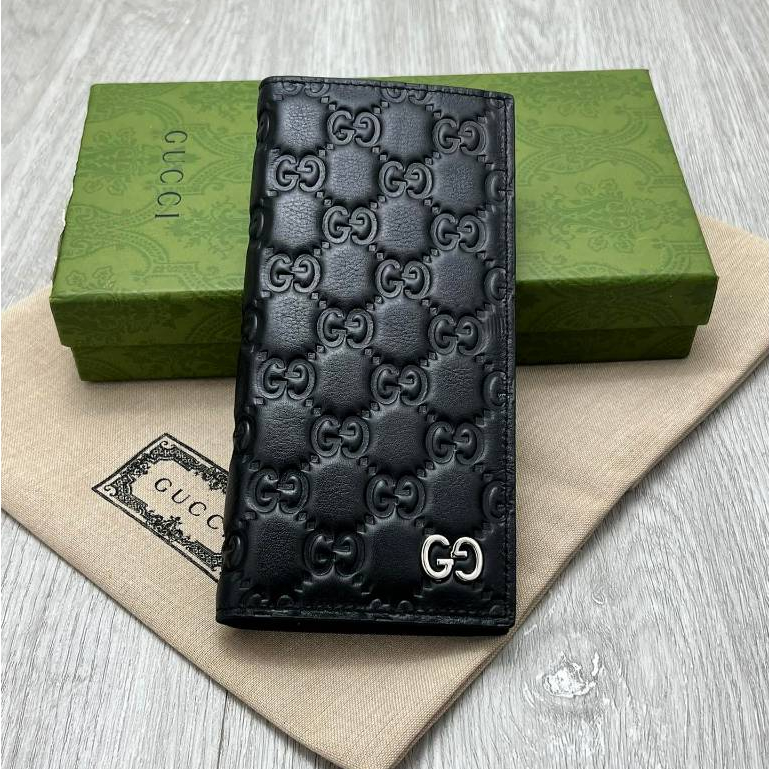 【 พร้อมกล่องสีเขียว 】 Gucci's กระเป๋าสตางค์หนัง ใบยาว สีดํา สําหรับผู้ชาย 365466 กระเป๋าสตางค์ GG หนังแท้ ของแท้
