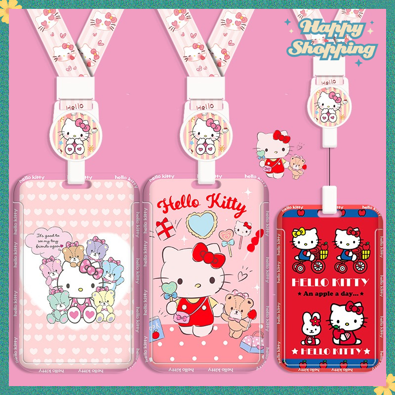 Sanrio Hellokitty Hard Shell Multifunctional Retractable Long Rope Card Holder Easy Pull Buckle EasyCard Card Holder Anti-Lost Protective Case Bag Charm Bus MRT Card Holder ABS ID Holder