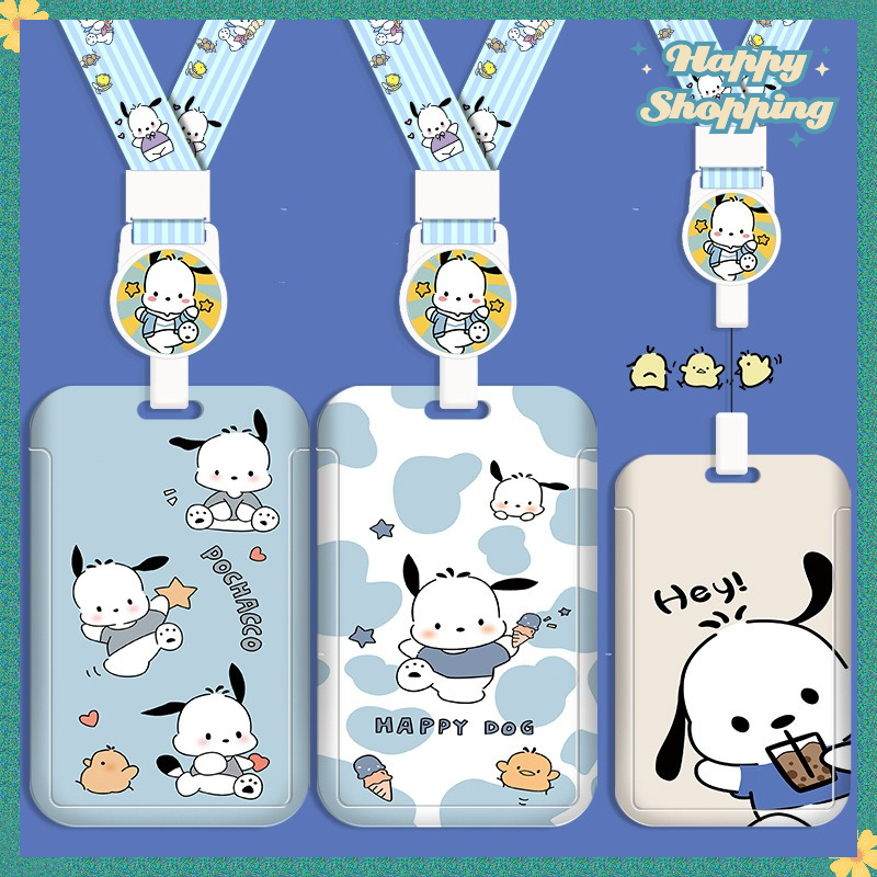 Sanrio Pochacco Hard Shell Multifunctional Retractable Long Rope Easy Pull Buckle ABS ID Case with Anti-Lost Strap