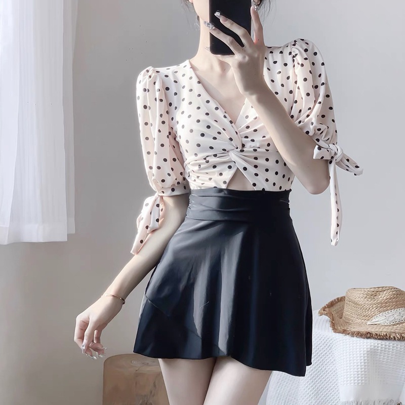ชุดว่ายน้ํา เอวสูง ลายจุด หรูหรา แฟชั่นฤดูใบไม้ผลิ สําหรับผู้หญิง