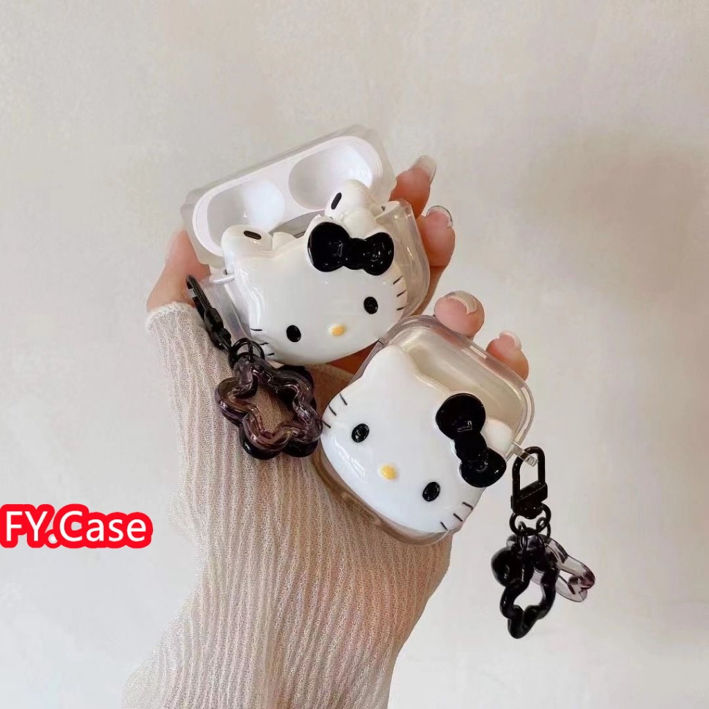เคสหูฟังสเตอริโอ ซิลิโคนนิ่ม กันกระแทก ลายการ์ตูนคิตตี้น่ารัก พร้อมสายคล้อง สําหรับ AirPods 1 2 3 Pro 2