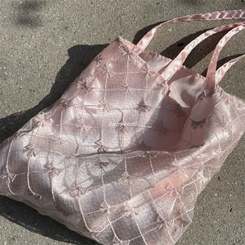 Just STAR ผู้หญิงภาษาฝรั่งเศสคำ Bow Handheld Tote กระเป๋าขนาดใหญ่ความจุโรแมนติกเกาหลีสไตล์ตกแต่งลูกไม้กระเป๋า