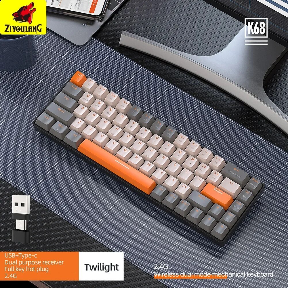 Ziyoulang K68 2.4G/BT5.0 คีย์บอร์ดไร้สาย 68 คีย์ Hotswap Mini Gaming คีย์บอร์ด PBT Keycaps 65% คีย์บอร์ด