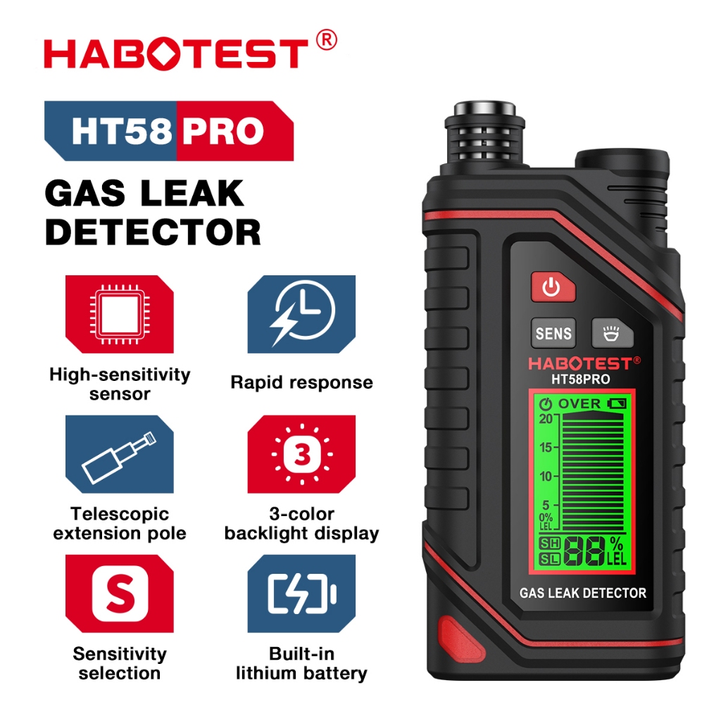 Habotest HT58PRO เครื่องตรวจจับการรั่วไหลของก๊าซ แบบมือถือ 9999 PPM โพรบยืดหยุ่น