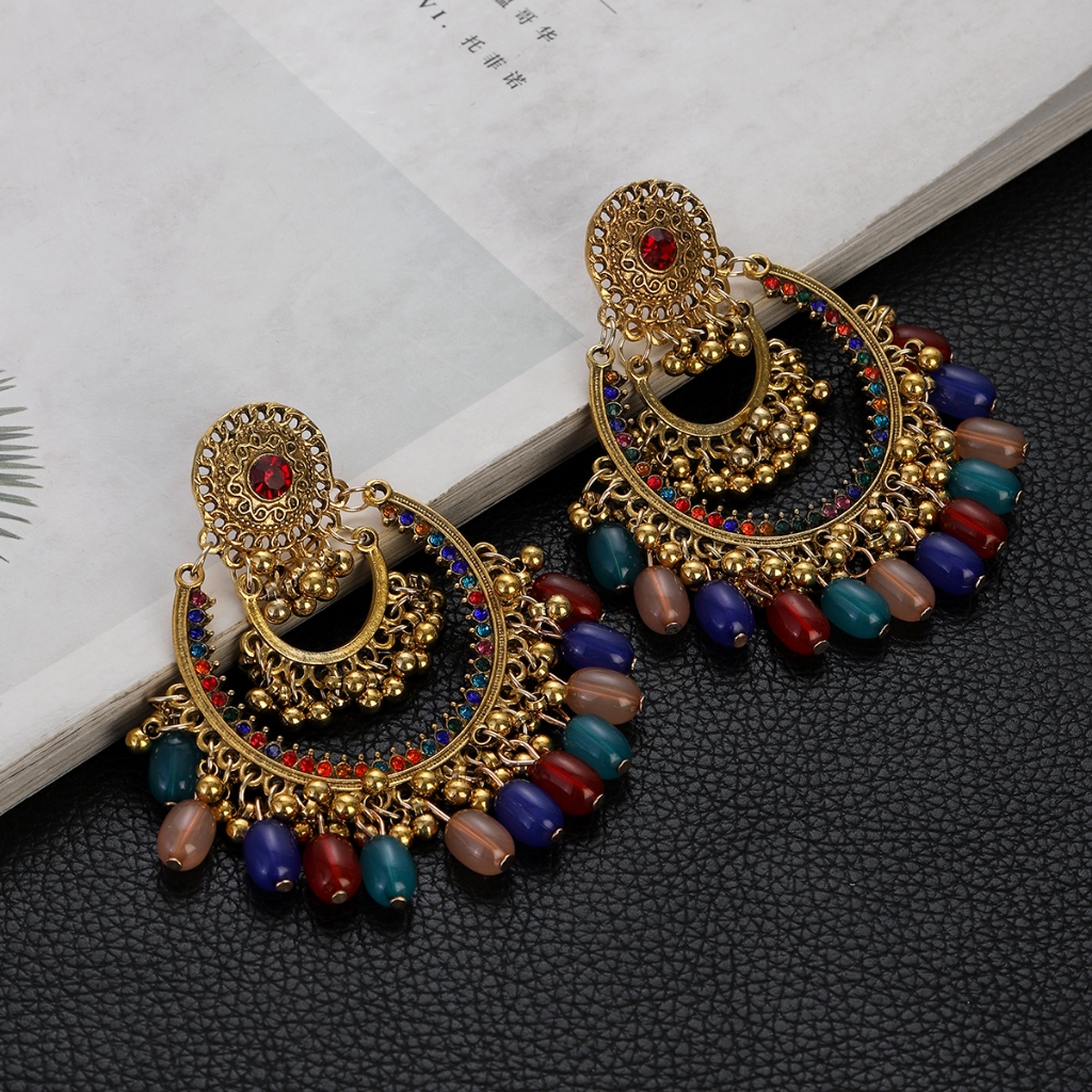 โบโฮ วินเทจ ที่มีสีสัน คริสตัล ต่างหู สําหรับผู้หญิง ย้อนยุค ชุบทอง ลูกปัดกลม พู่ ต่างหู งานแต่งงาน ปาร์ตี้ เครื่องประดับ ของขวัญ