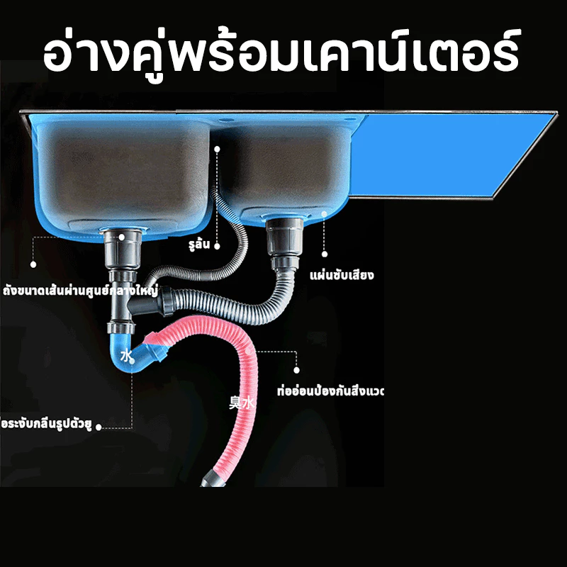 JUMEILAI ซิงค์ล้างจานสแตนเลส 304 2 หลุม พร้อมขาตั้ง สําหรับครัวบ้าน อ่างล้างจานผักและมือ ดีไซน์เรียบหรู thumbnail 3