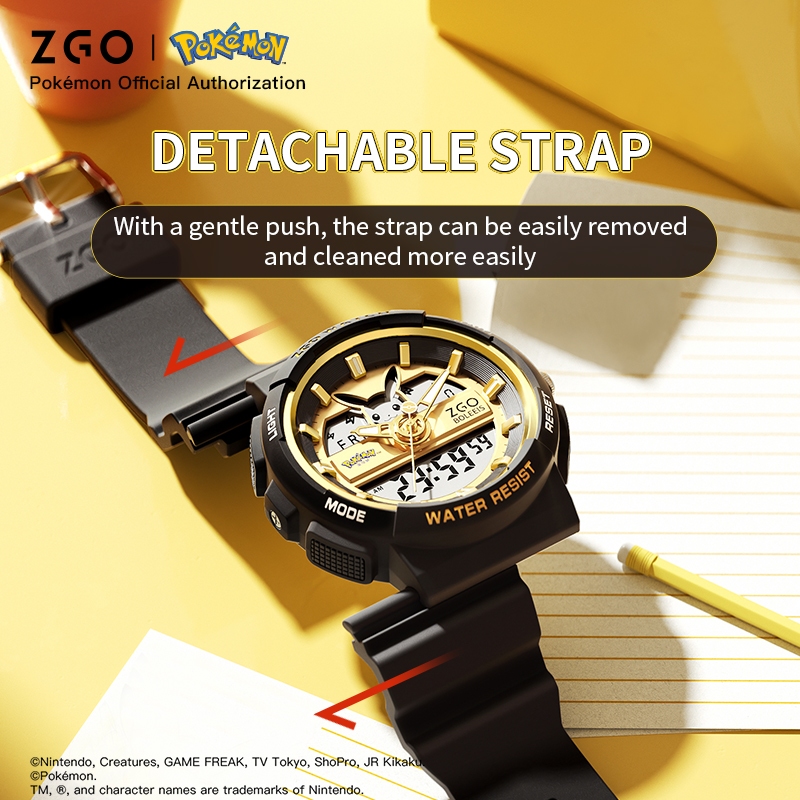 ZGO x Pokémon Pikachu นาฬิกาเด็ก ฟังก์ชั่นโครโนกราฟ-ปลุกสั่น ดีไซน์สปอร์ต นาฬิกาอิเล็กทรอนิกส์กันน้ำ 8631