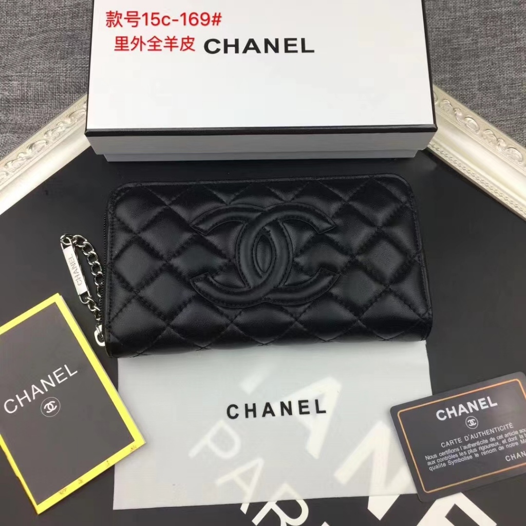 Chanel กระเป๋าสตางค์ หนังแกะแท้ ปักลายเพชร หมากรุก ขนาดเล็ก สีดํา และสีขาว สําหรับผู้หญิง 15c-169 #