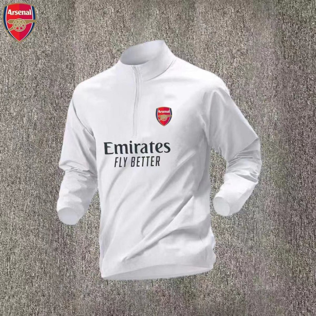 24-25 เสื้อฝึกซ้อมฟุตบอลพื้นฐานของผู้ชายอาร์เซนอลวอร์มอัพแขนยาวครึ่งซิปด้านบนกีฬากลางแจ้งฟุตบอลวิ่งเสื้อยืดแห้งเร็วระบายอากาศ
