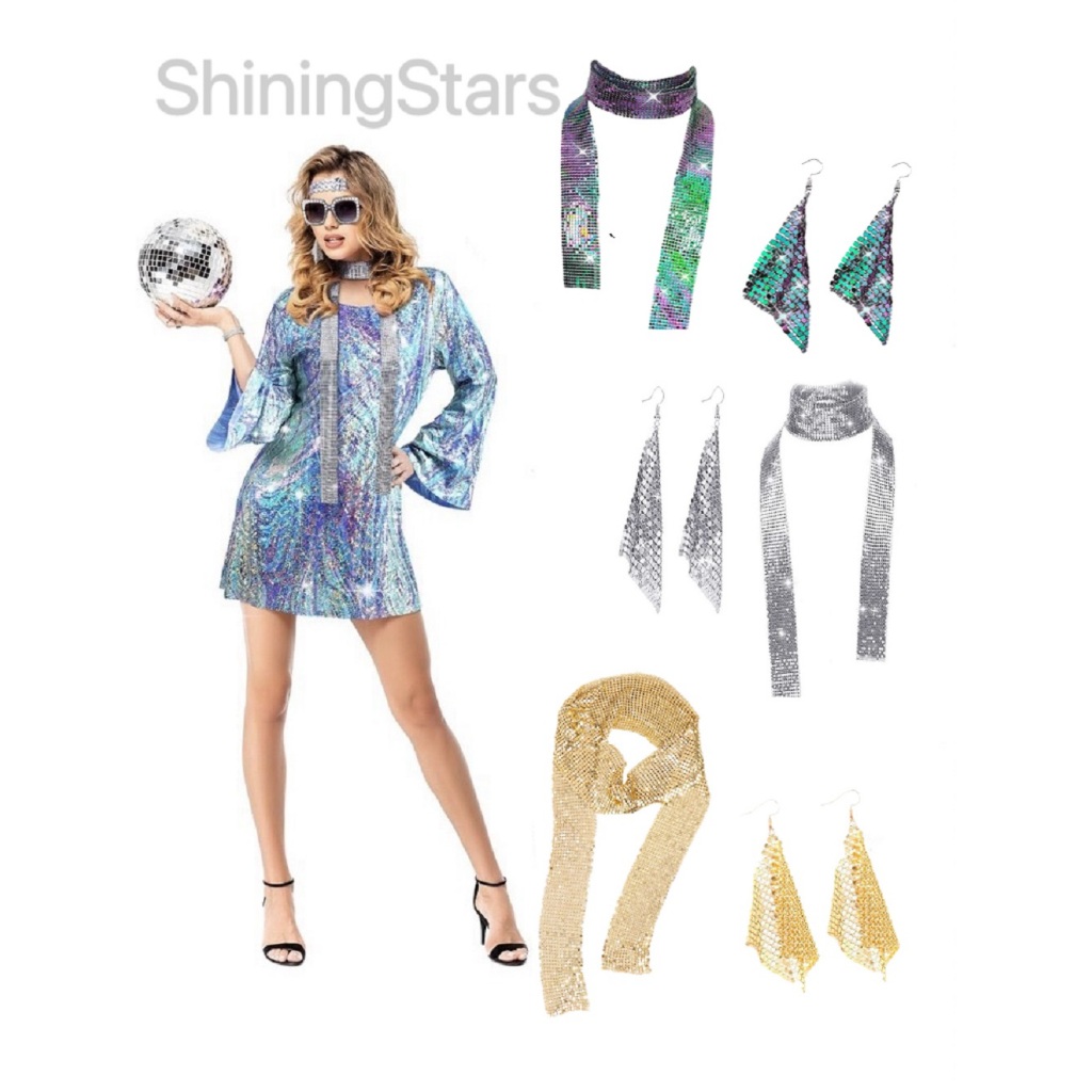 Shiningstars ชุดเครื่องแต่งกายดิสโก้ 70s สไตล์เรโทร ฮาโลวีน สําหรับผู้หญิง (2 ชิ้น)
