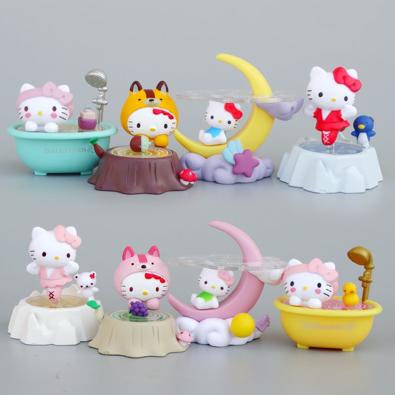 โมเดลฟิกเกอร์ PVC รูปการ์ตูนอนิเมะ My Melody Hello Kitty Moon Bathtub Scene Cat Q Version ขนาด 7-9 ซม. ของเล่นสําหรับเด็ก ของขวัญ 8 ชิ้น ต่อชุด