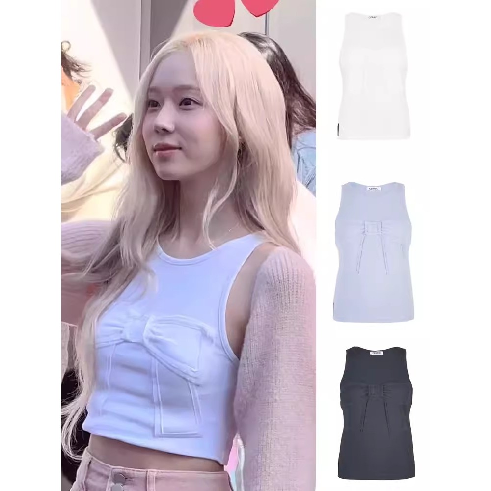 Aespa Winter เสื้อยืดแขนกุดลําลอง ประดับโบว์ริบบิ้น เข้ารูป แฟชั่นฤดูหนาว สไตล์สตรีท สําหรับสตรี