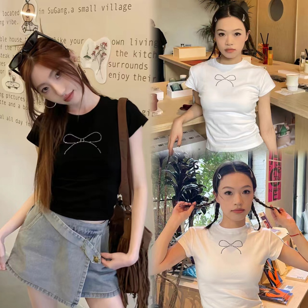 Luna✨เสื้อยืด🌼 ประดับโบว์ สีดําเข้ากับทุกการแต่งกายสไตล์อเมริกันเรโทรสําหรับผู้หญิง