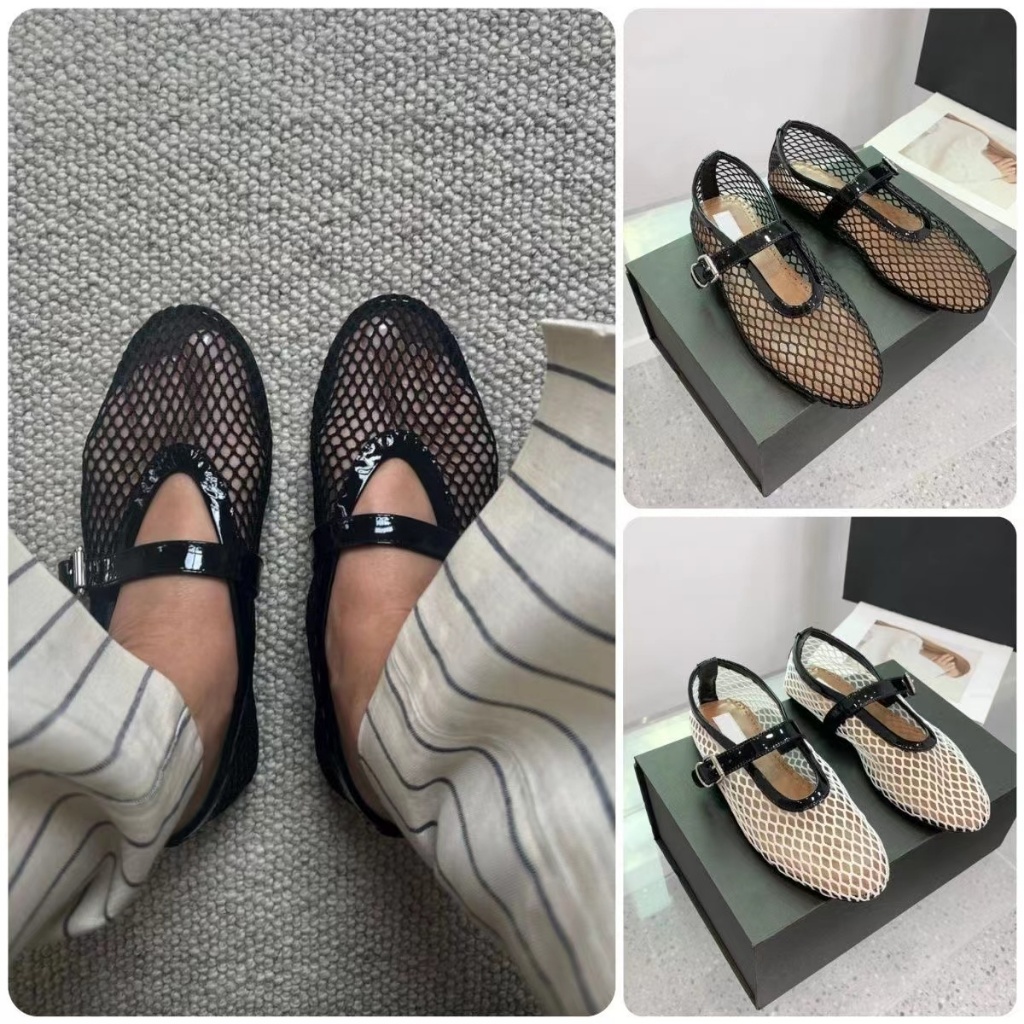 รองเท้าบัลเล่ต์ ส้นแบน ผ้าตาข่าย แต่งหัวเข็มขัด ประดับเพชร แต่งรูกลวง สําหรับผู้หญิง 2024