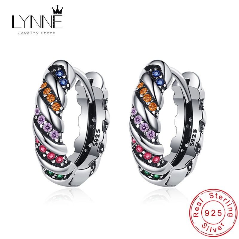 Lynne ต่างหูห่วง เงินแท้ 925 ประดับเพทาย ทรงกลม 16 มม. หลากสี สไตล์พังก์ร็อค เรโทร สําหรับผู้หญิง และผู้ชาย