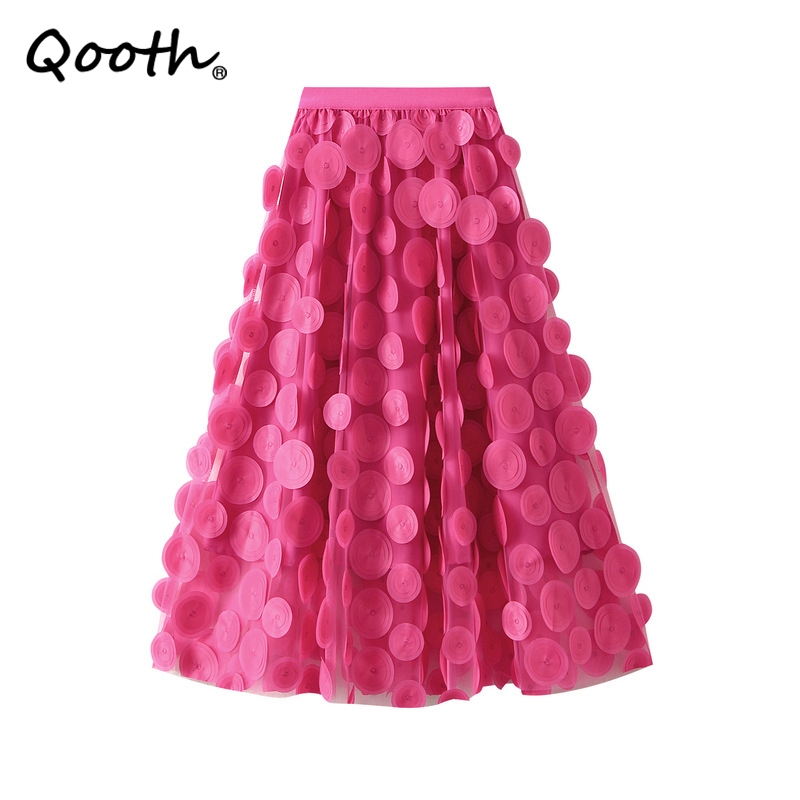 Qooth กระโปรงยาว ทรงเอ เอวยางยืด ลายจุด 3D สไตล์วินเทจ 10 สี สําหรับผู้หญิง QT2176