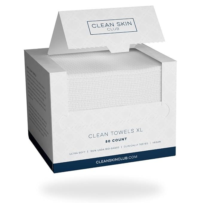 ผ้าขนหนู Clean Skin Club Clean XL™ สุดยอด 100% USDA Biobased Dermatologist ผ้าขนหนูเช็ดหน้าได้รับการอนุมัติ, ขัดผิวอ่อนโยน, ผ้าล้างหน้าแบบใช้แล้วทิ้ง, ผ้าเช็ดทําความสะอาดแบบแห้ง, 50 นับ