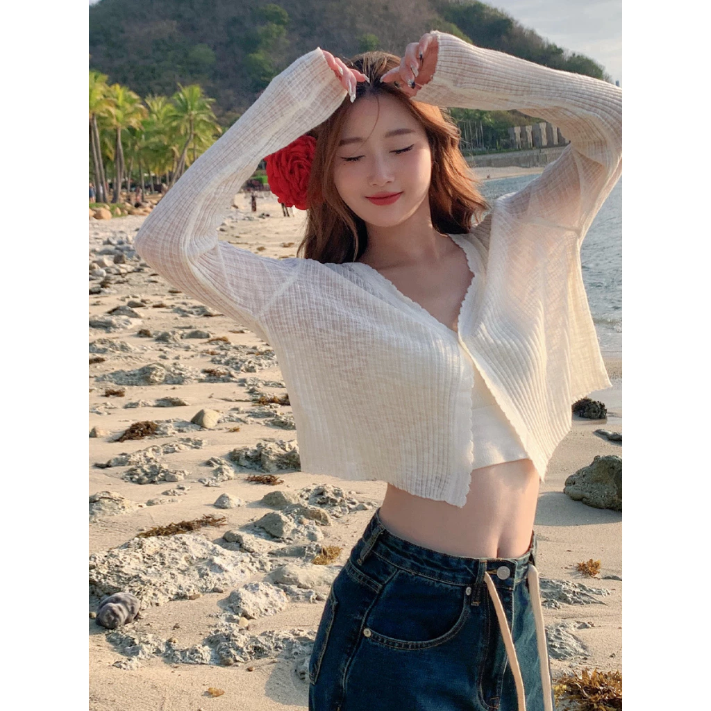 เสื้อแจ็กเก็ตคาร์ดิแกน ผ้าเรยอน แบบบาง กันแดด สีขาว แฟชั่นฤดูร้อน สําหรับผู้หญิง