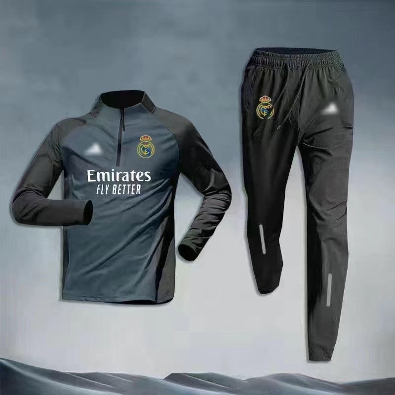 ผู ้ ชายฟุตบอลการฝึกอบรมเสื ้ อReal Madridแขนยาวฟุตบอลชุดอุ ่ นครึ ่ งซิปเสื ้ อผ ้ ากีฬากลางแจ ้ งวิ ่ งสวมใส ่ Quick-Dry Breathableสบายบาง