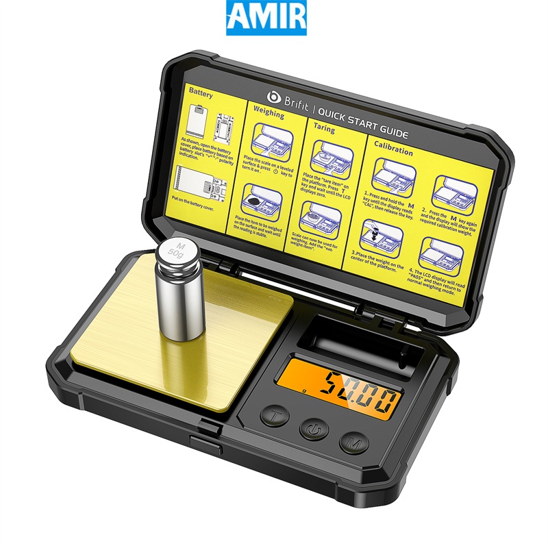 Amir เครื่องชั่งกระเป๋าดิจิตอล, เครื่องชั่งขนาดเล็กอิเล็กทรอนิกส์ขนาด 200 กรัม 0.01 กรัมพร้อมน้ําหนักการสอบเทียบ 50 กรัม, เครื่องชั่งมิลลิกรัมระดับมืออาชีพพร้อม Tare & LCD Backlit สําหรับอาหาร, เหรียญ, เครื่องประ