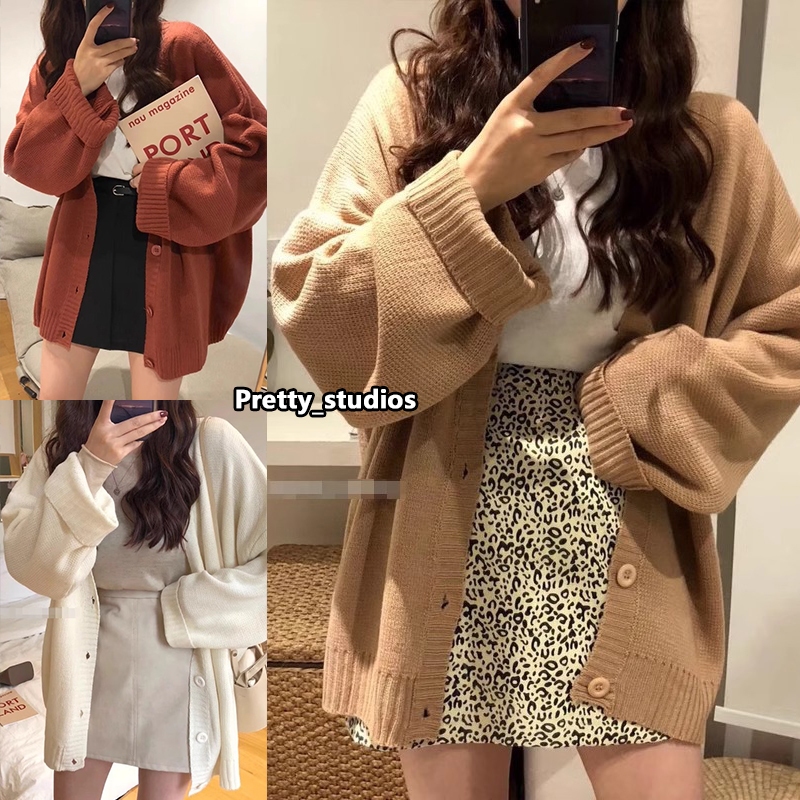 🔥เสื้อคลุมคาร์ดิแกนไหมพรม พับแขนได้ คอวี แขนยาว ทรงหลวม สไตล์เกาหลี