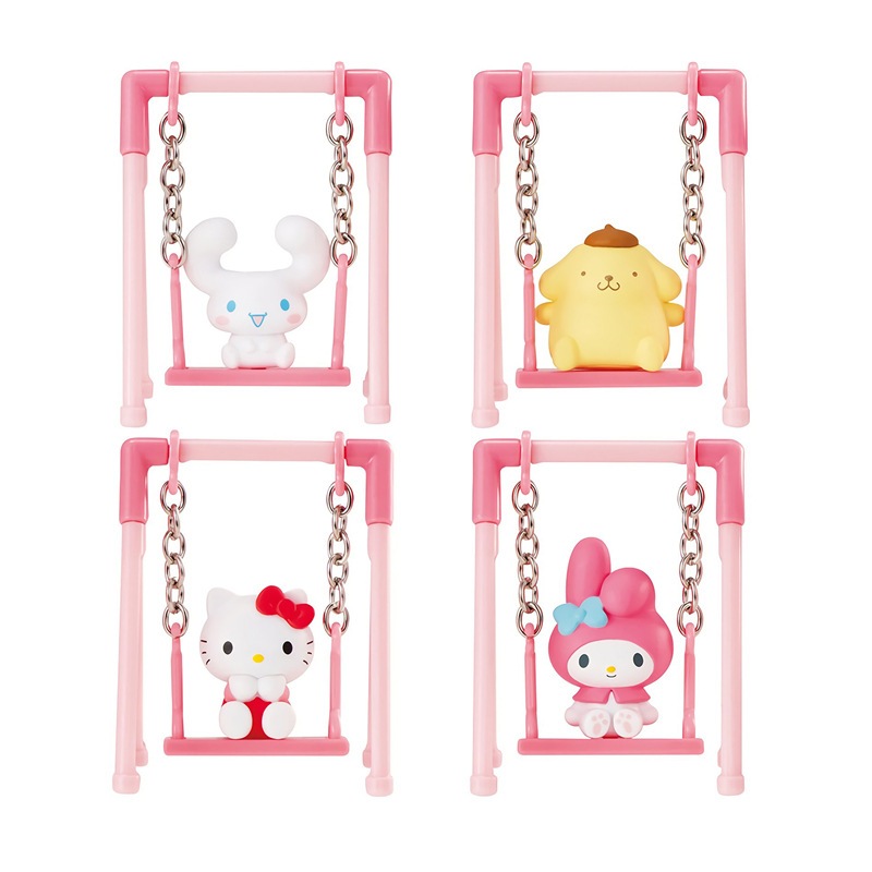 โมเดลฟิกเกอร์ PVC อนิเมะ My Melody Hello Kitty Cinnamoroll Pom Pom Purin Play Swing Q Version Gashapon ขนาด 7 ซม. ของเล่นสําหรับเด็ก ของขวัญ 4 ชิ้น ต่อชุด