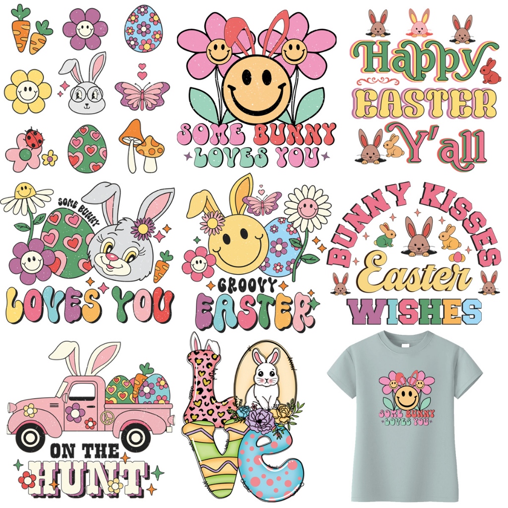 Happy Easter Designs Patch บนเสื้อผ้าแฟชั่นความร้อนกด Appliqued กางเกงยีนส์ Diy อุปกรณ์เสริมสติกเกอร์ Stripes Patch Decals Bunny Wishes