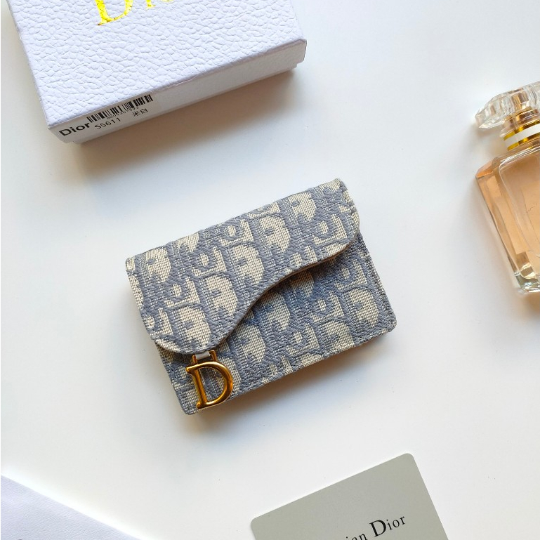 [จัดส่งพร้อมกล่อง] Dior ของแท้ 100% กระเป๋าสตางค์ผู้หญิง คลิปหนีบบัตร พลิกอาน Dior