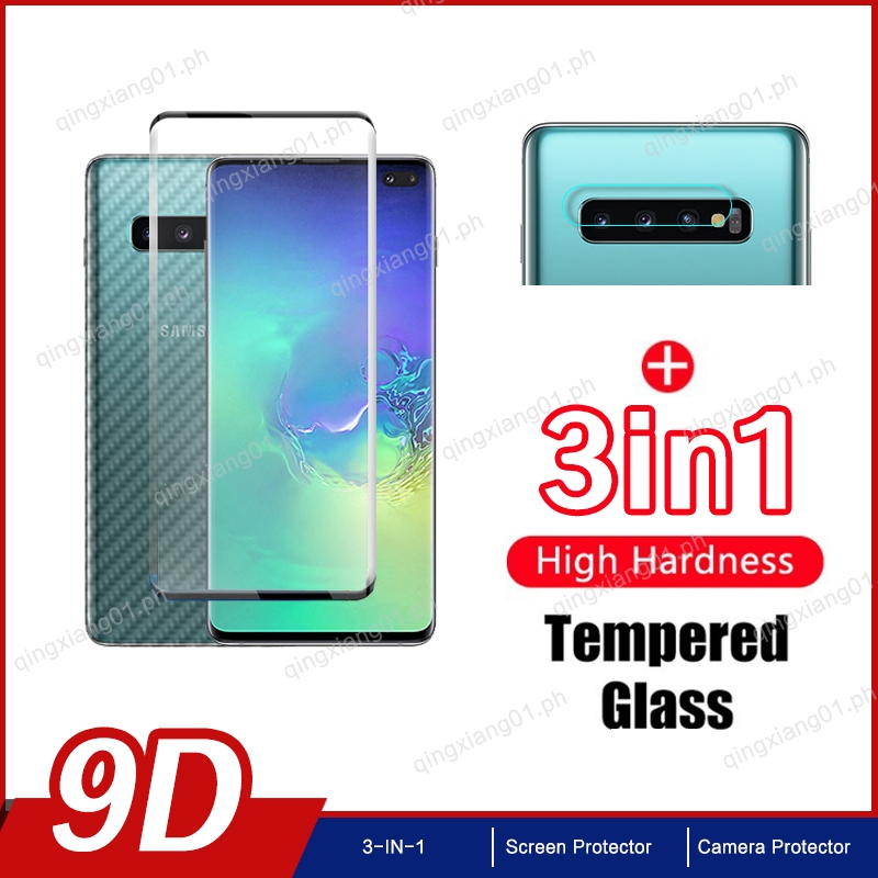 3in1 Samsung S10 Plus 10 + กระจกนิรภัยสําหรับ Samsung Galaxy S 10 Plus S10+ S10 5G HD ป้องกันหน้าจอเลนส์และคาร์บอนไฟเบอร์กลับฟิล์ม