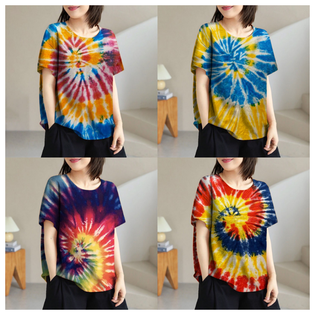 (มีสินค้า) เสื้อสงกรานต์2567 เสื้อลายมัดย้อมสีสันสดใสสำหรับเทศกาล Hawaiian Blouse Casual Loose Short Sleeve O-Neck T-Shirt สินค้า