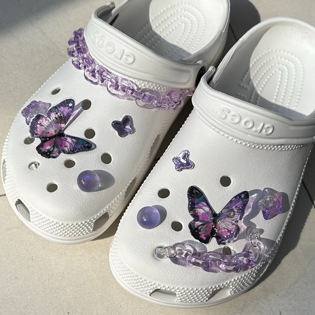 ของแท้ บักเกิลติดรองเท้า crocs รูปผีเสื้อ ดาว สีม่วง ดํา สําหรับตกแต่งรองเท้า (ไม่ขายรองเท้า)